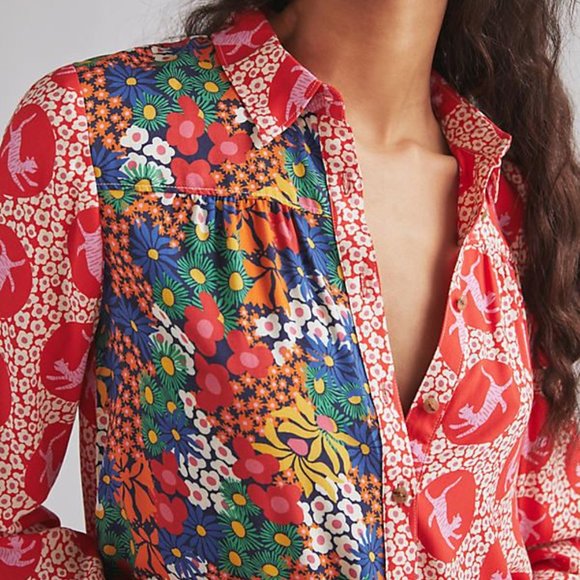 Anthropologie Liv Lee Whimsy Mixed Print Floral Leopard Button Up Blouse Shirt - Picture 11 of 11